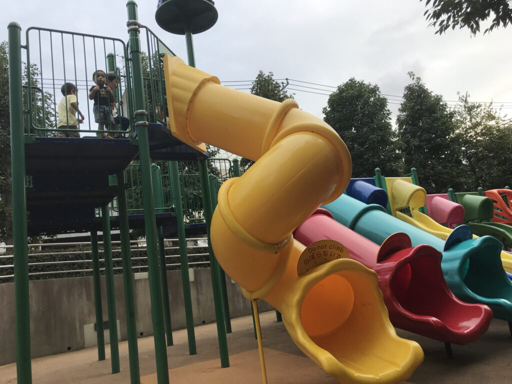 Different and colorful slides at the playground.