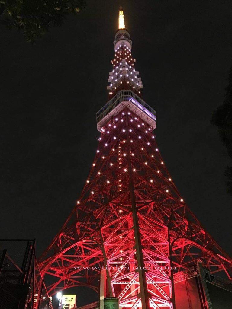View of Tokyo Tower at night. Groundview.